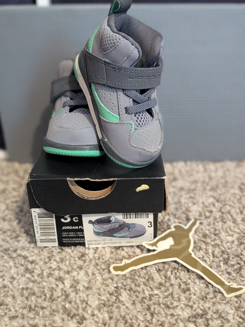 Jordan Kids Gray & Teal High-Top Sneaker with Velcro Strap